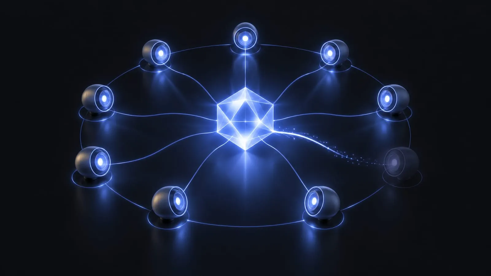 Abstract illustration of a ring of glowing sensor lenses around a bright central node, with one lens dimmed where a stream of light reaches it