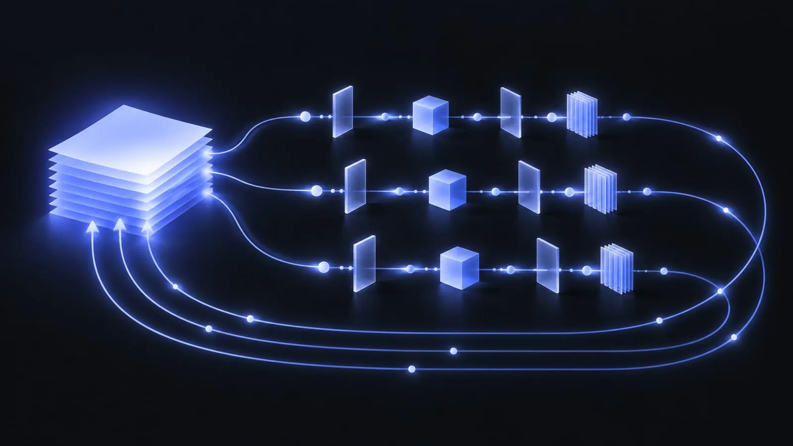 Abstract illustration of a glowing stack of sheets sending three streams of light through gates and blocks, with lines looping back to the stack