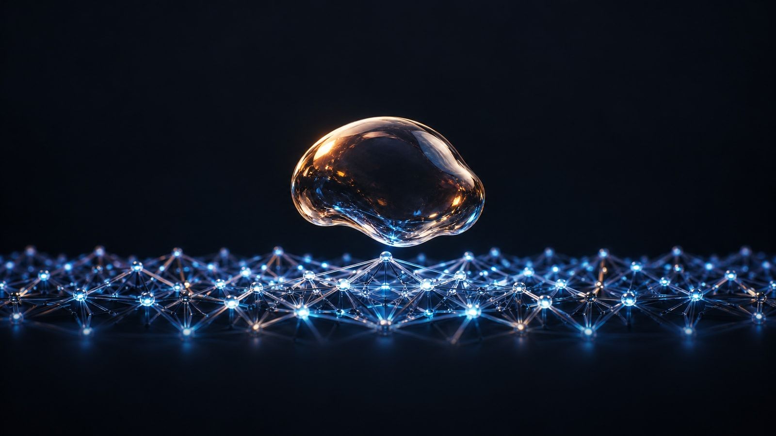 An uneven translucent bubble floats above a solid lattice of illuminated connections