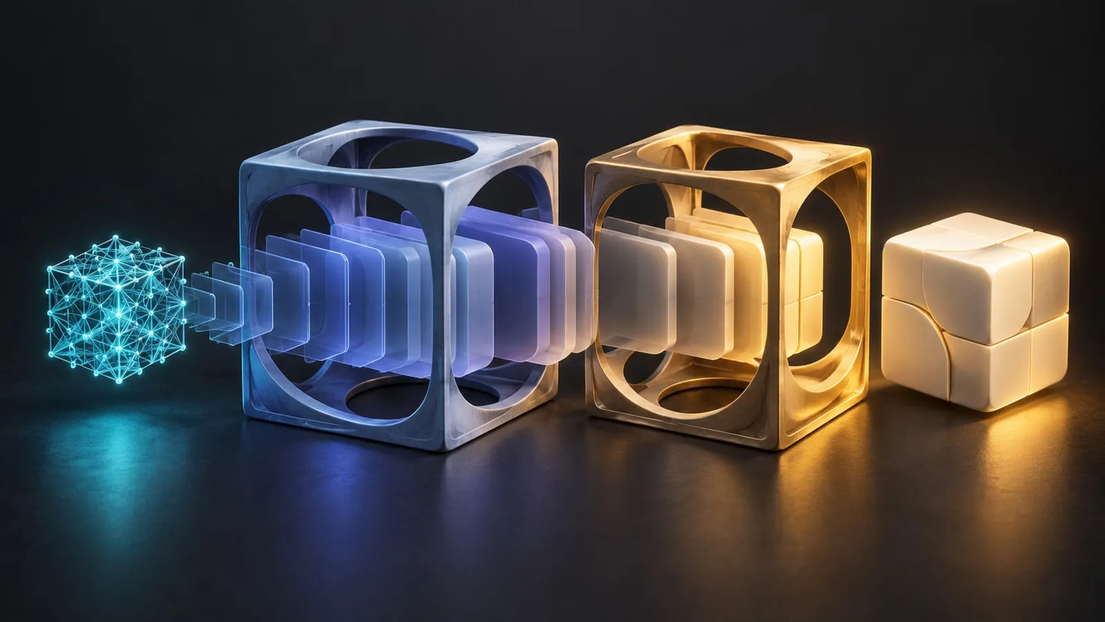A cyan lattice cube feeds layered shapes through blue and amber frames towards a solid geometric block