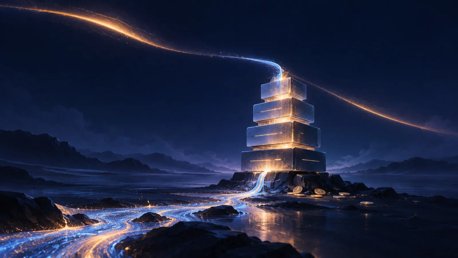 A glowing stack of abstract blocks rises from a dark base, fed by a thin, fading river of light