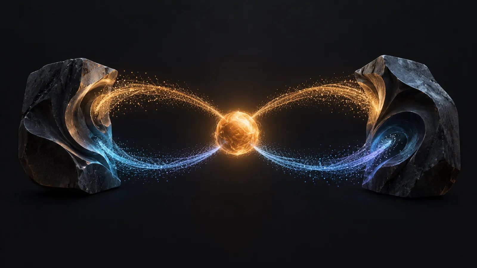 An amber glowing sphere at the centre exchanges streams of amber and blue particles with two dark sculpted stone blocks on either side, forming a closed loop