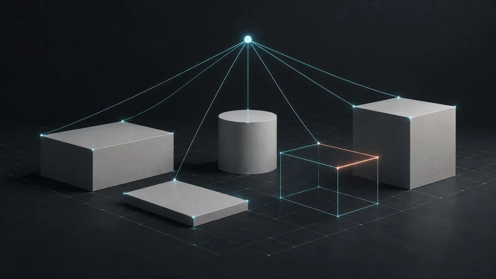 Abstract illustration: matte grey blocks, a cylinder and a slab on a faint grid in dark space, joined by thin cyan threads to a glowing node above, with one block drawn only as a cyan wireframe and one of its edges traced in coral