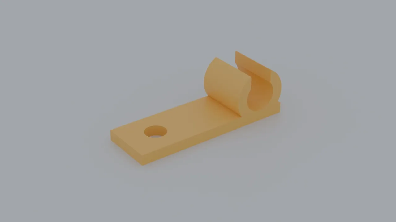 A rendered orange cable clip: a flat base plate with one round screw hole and an open round loop for a cable at one end, on a grey background