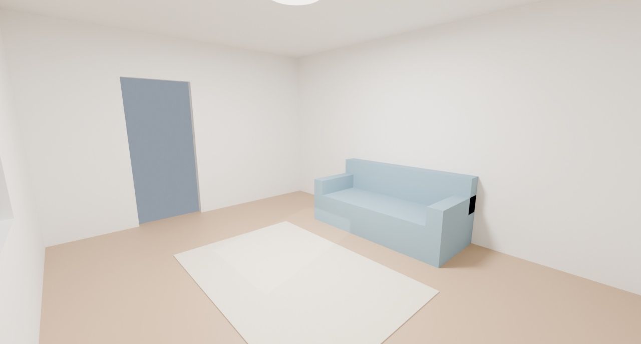 A plain rendered room that Claude Code built in Blender from a text floor plan: white walls, a light wooden floor, a grey door, a white rug and a pale blue sofa made of simple blocks