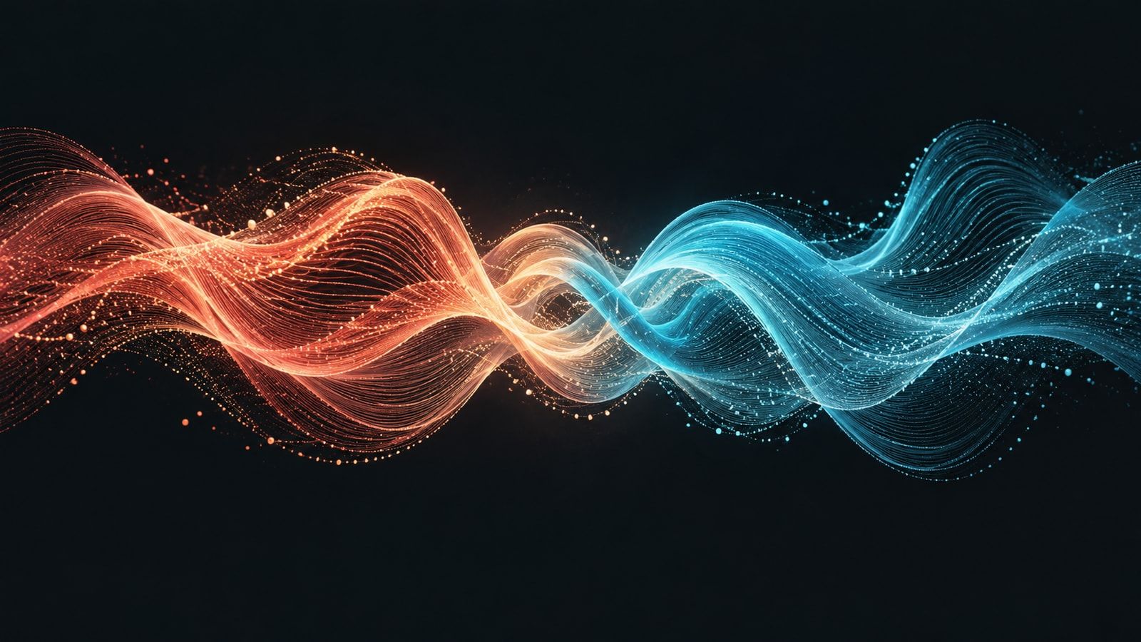 Coral and cyan ribbons of audio-like filaments intertwine against a dark background