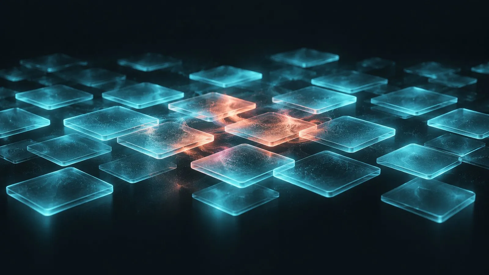 Abstract illustration: a grid of glowing cyan glass tiles floating in dark space, with a few tiles near the centre carrying warm coral traces