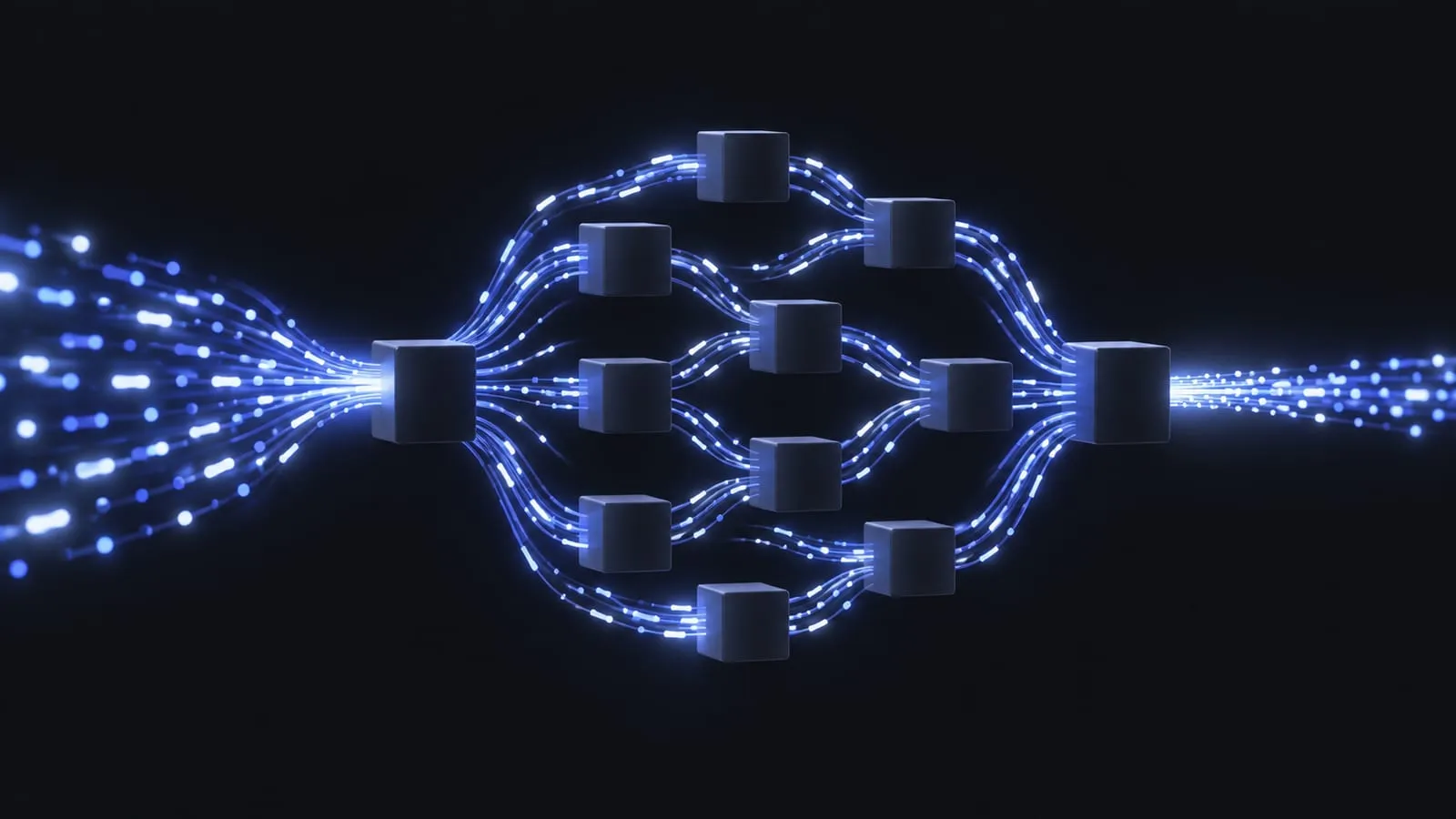 Abstract illustration of glowing streams of tokens splitting across many dark blocks and merging back into one stream