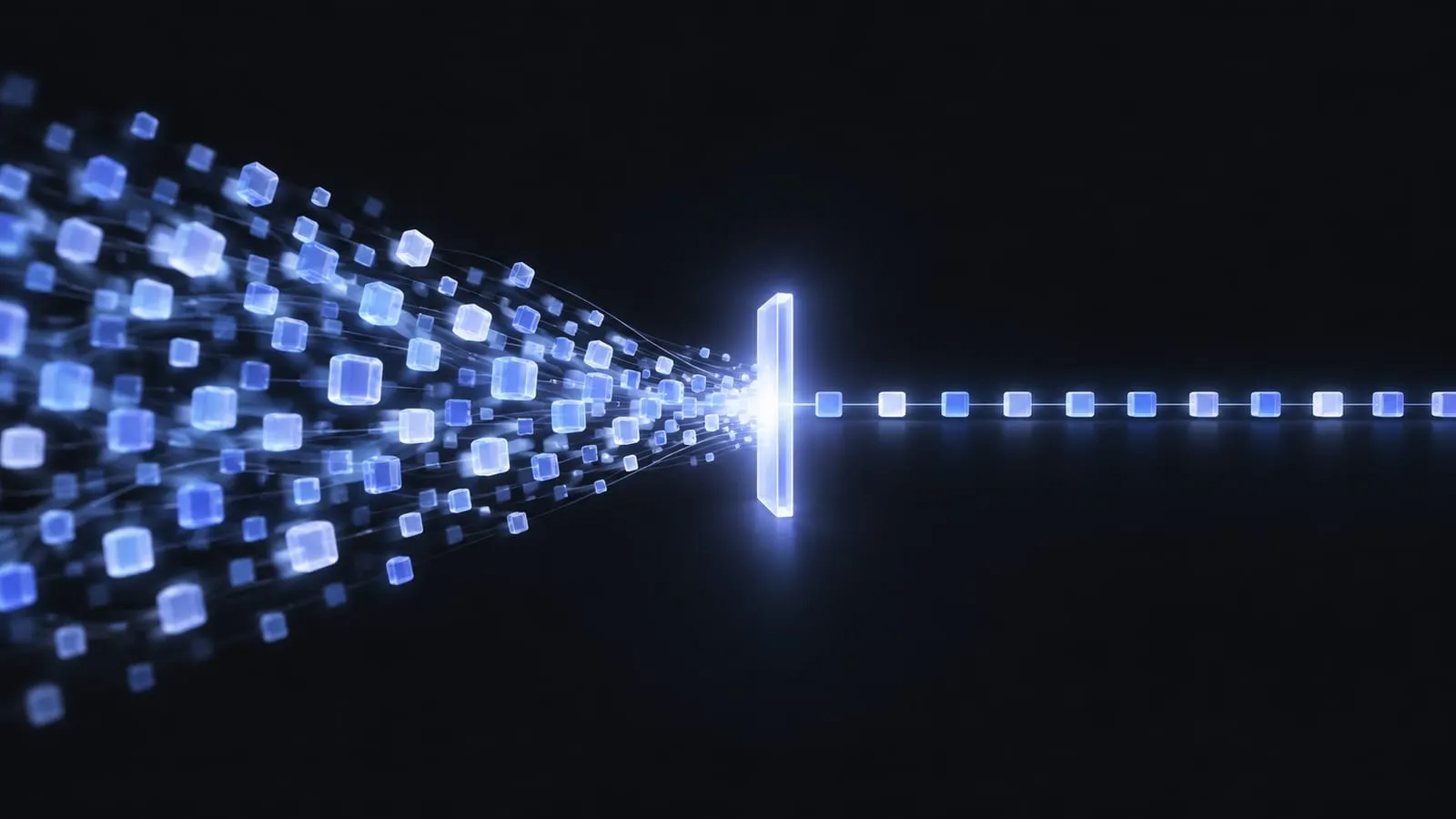 Abstract illustration of many small glowing blocks flowing from the left and narrowing into a single bright checkpoint before continuing as an orderly line