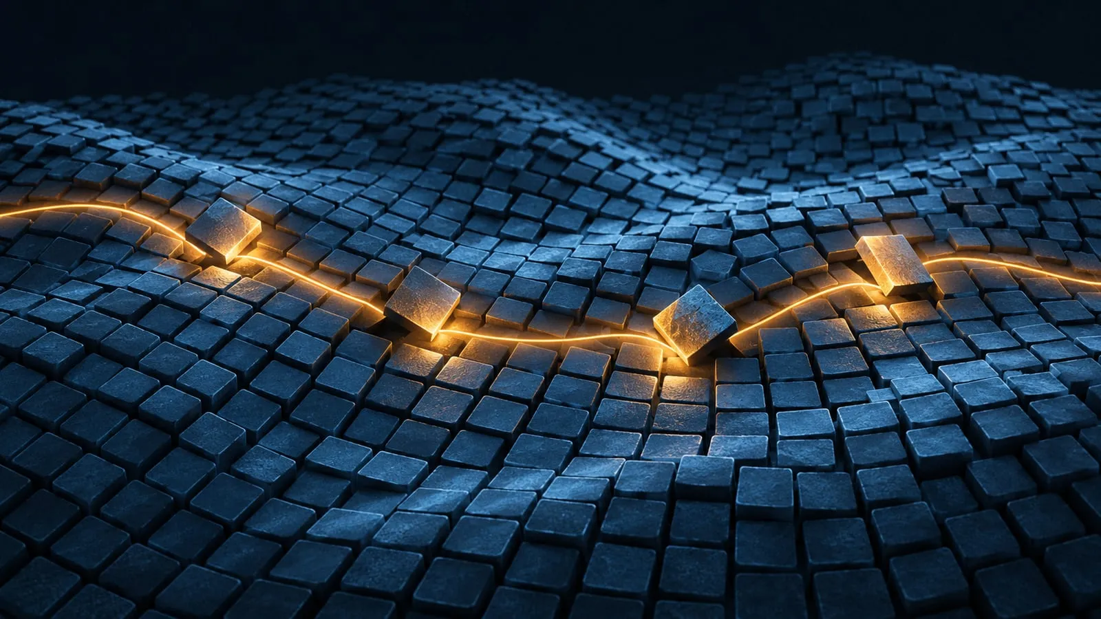 Abstract illustration of a wide field of small blue tiles with one glowing amber line running through it and a few tiles lifted and lit along the line