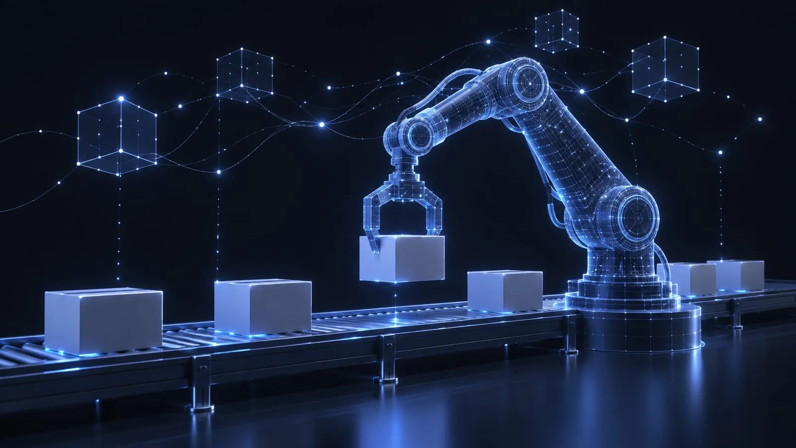 Abstract illustration of an unbranded robotic arm drawn as a glowing wireframe above a simple production line