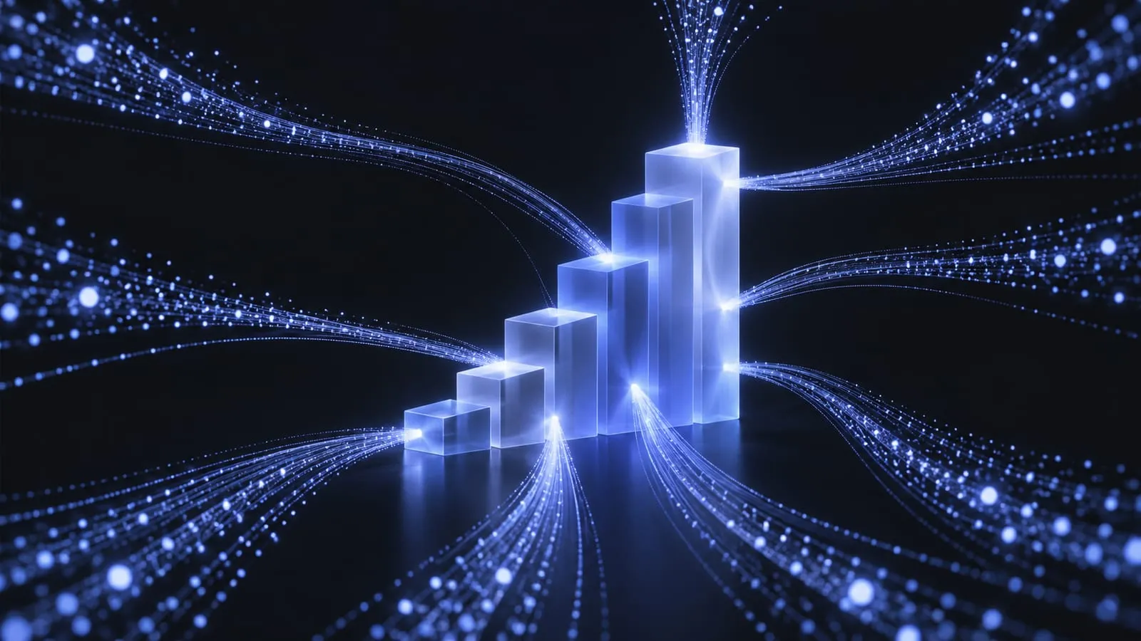 Abstract illustration of glowing particle streams converging into a rising stack of translucent blocks