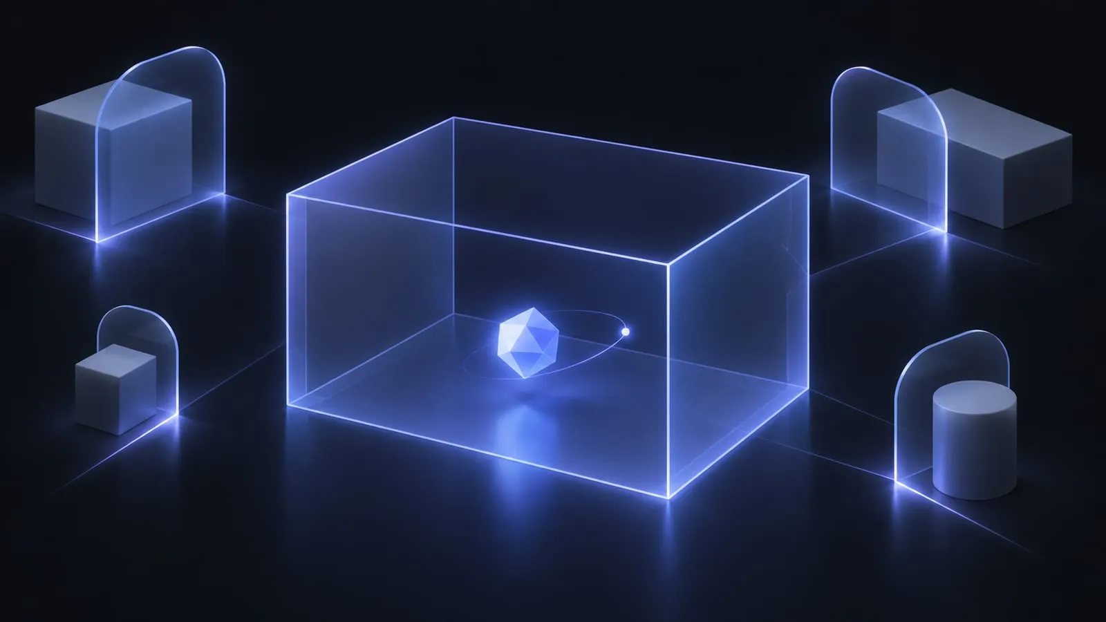 Abstract illustration of a glowing node inside a box of thin light, with blocks outside behind arched barriers