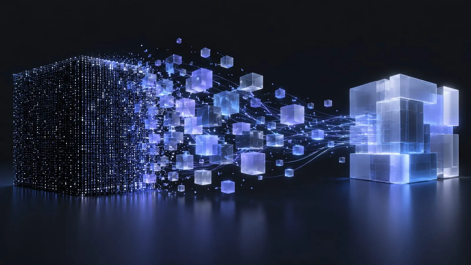 Abstract illustration of a dark block of glowing dots breaking into floating translucent cubes that reassemble into a clean new structure