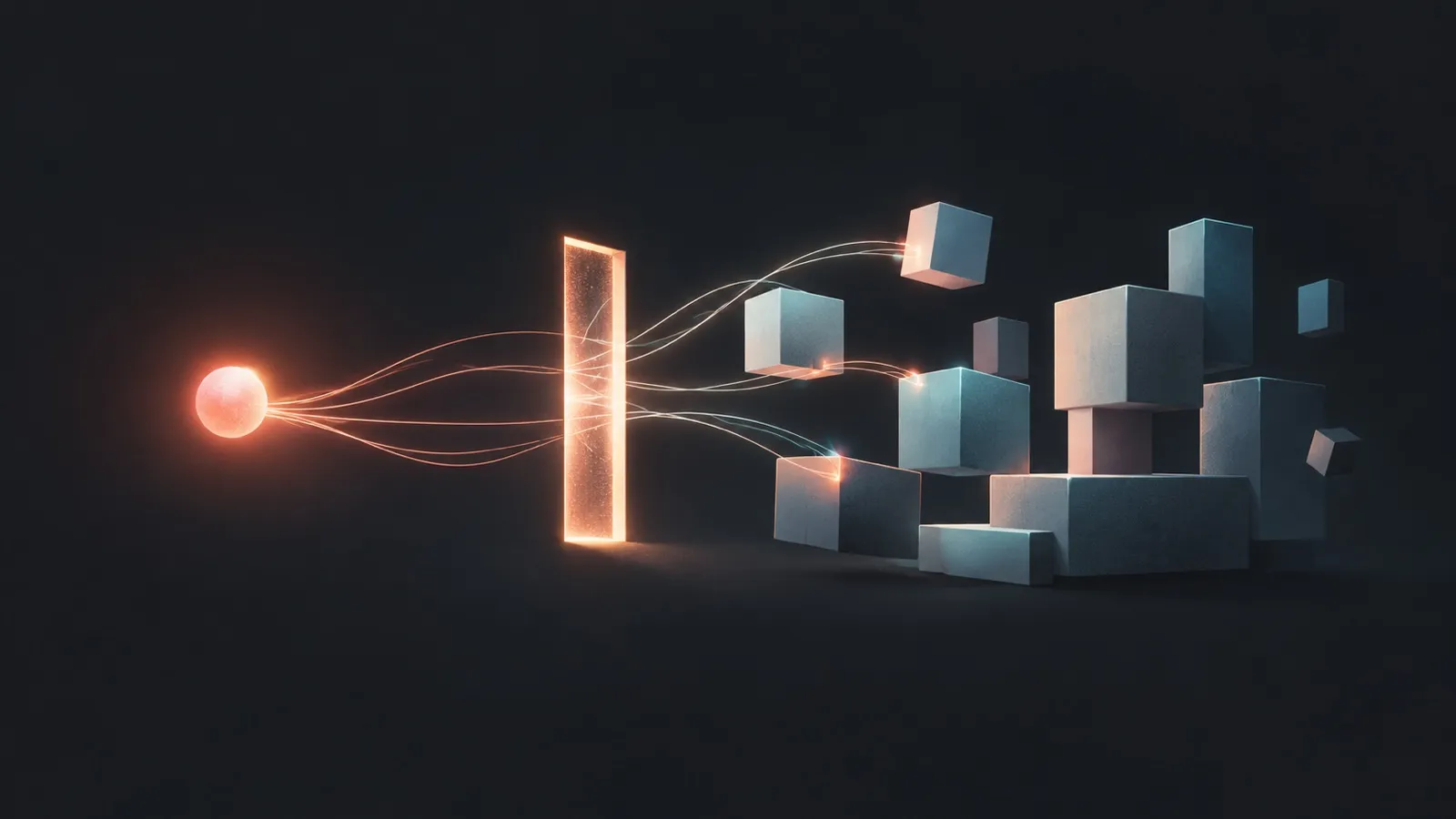 Abstract illustration of a warm orb of light sending thin threads through a narrow glowing doorway to move plain geometric blocks into place