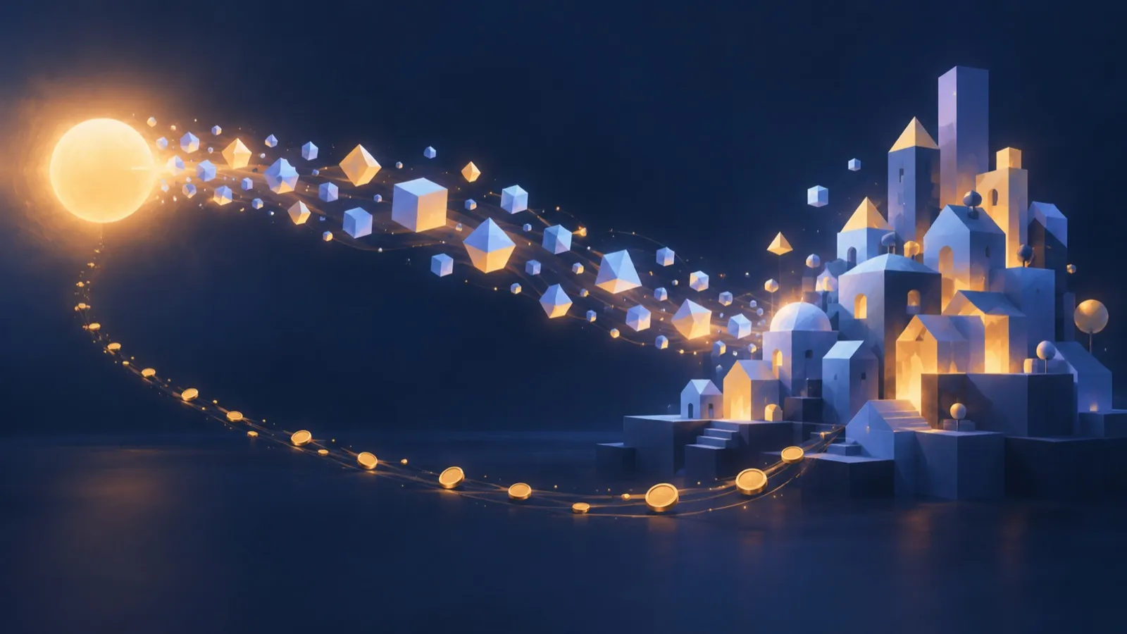 Abstract illustration of glowing geometric blocks streaming from a bright light into low-poly structures, with a thin trickle of coins flowing back the other way